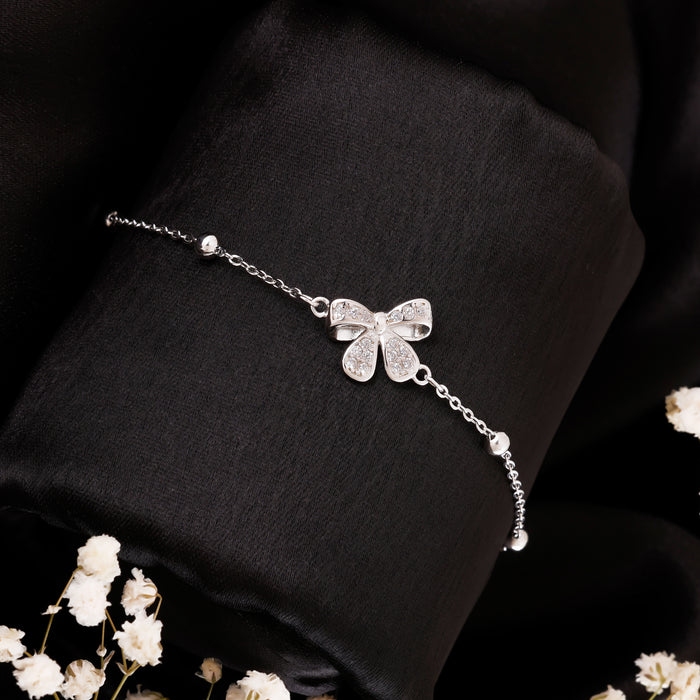 Studded Bow Knot Charm Silver Bracelet