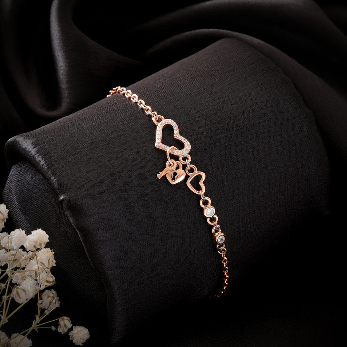 Heart Lock n Key Gold Rhodium Finish Silver Bracelet