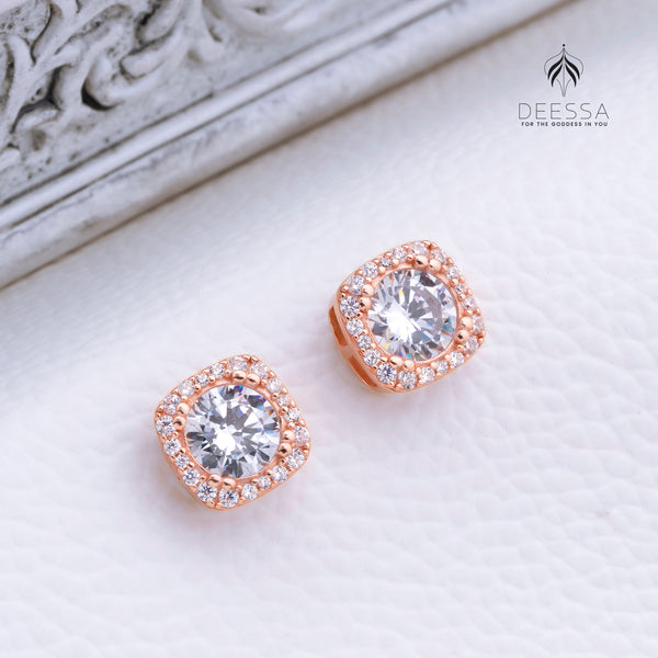 Shiny Square Halo Shape Rose Gold Stud Earring