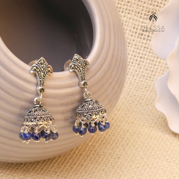 Shiny Blue Beads Shape oxidised Jhumka Earring