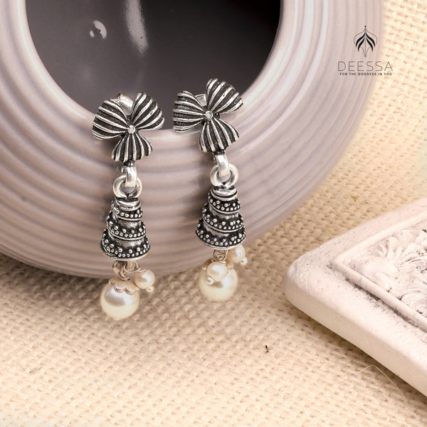 Shiny Black Flower Shape oxidised Jhumka Earring