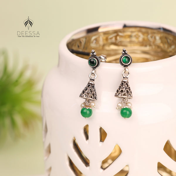 Shiny Green Beads Shape oxidised Jhumka Earring