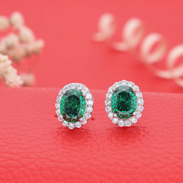 Shiny Round Green Emerald Shape Silver Stud Earring