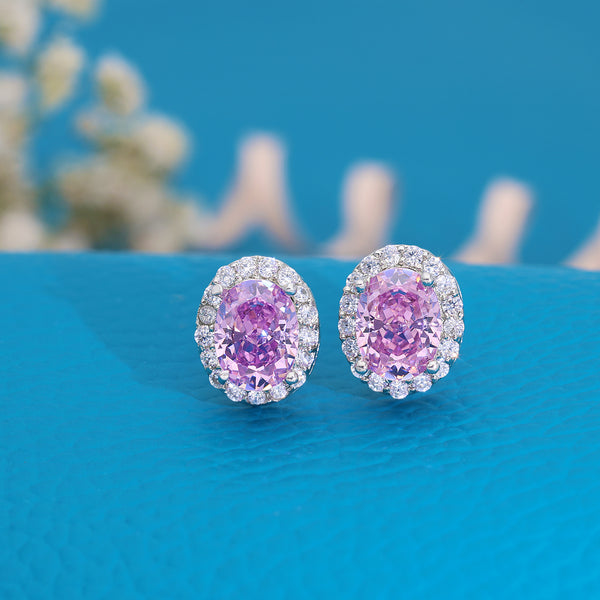 Shiny Round Pink Emerald Shape Silver Stud Earring