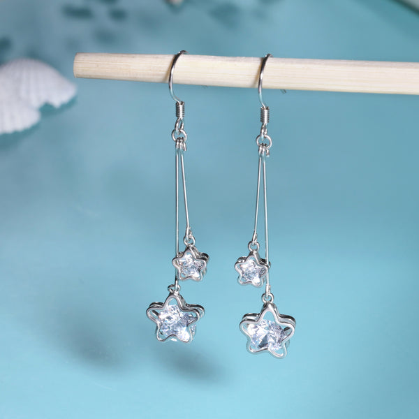 Hanging Solitaire Stars Dangler Silver Earrings