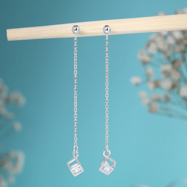 Solitaire in Cube Dangler Silver Earrings