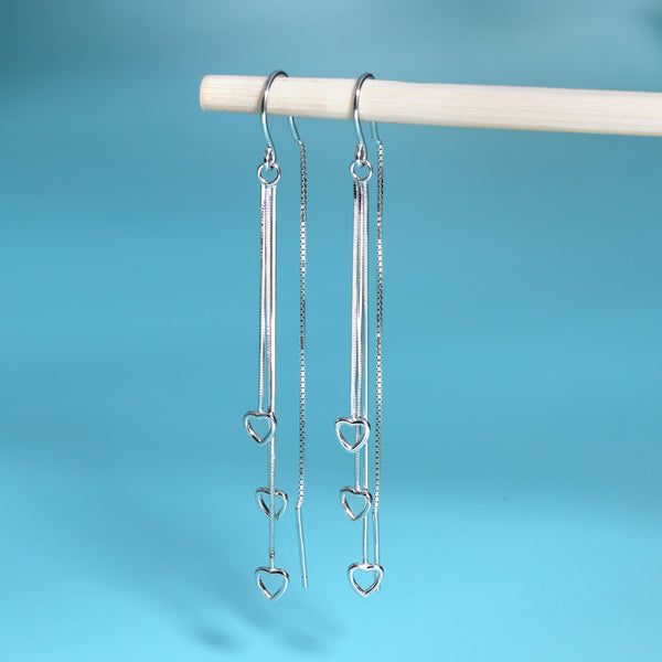 Heart Threader Dangler Silver Earrings