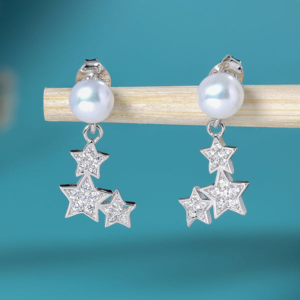 Pearl Falling Star Studded Drop Silver Earrings