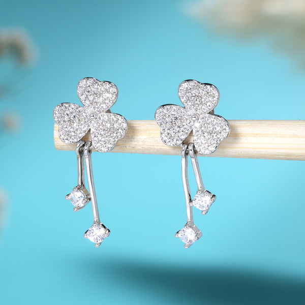 Silver Clover Studded Drop Earrings