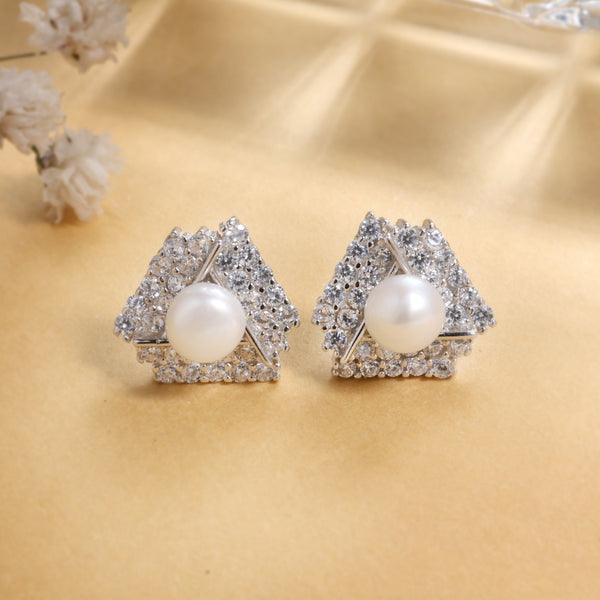 Pearl on Solitaire Bed Silver Earrings