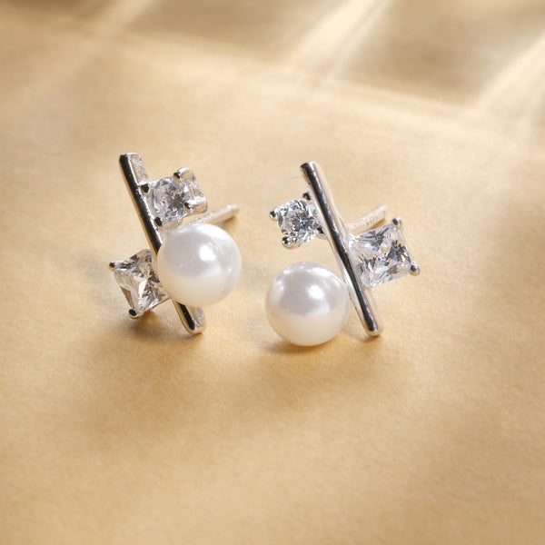 Pearl n Solitaire Stud Silver Earrings