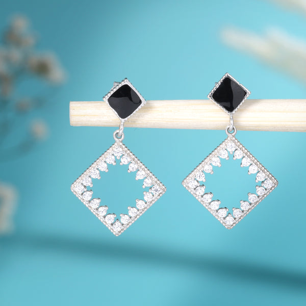 Hanging Studded Square Dangler Silver Earrings