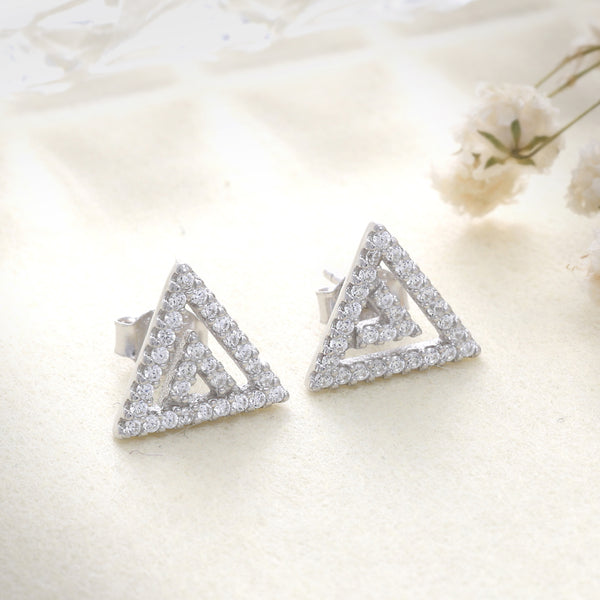 Egyptian Pyramid Diamond like CZ Stud Silver Earrings