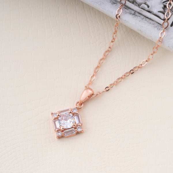 Sterling Silver Square Solitare Necklace Pendant (Rose Gold Colour)