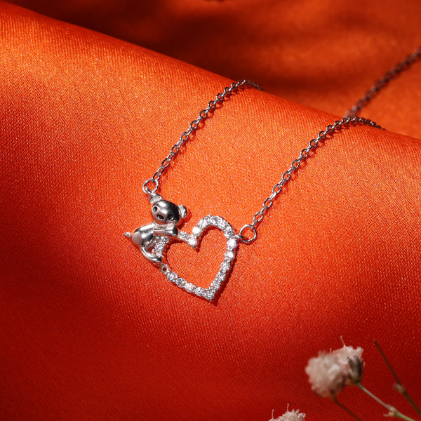 Bear-Hug Heart Studded Silver Pendant Necklace