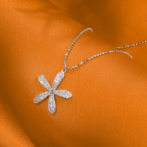 Studded Five Petal Flower Silver Pendant Necklace