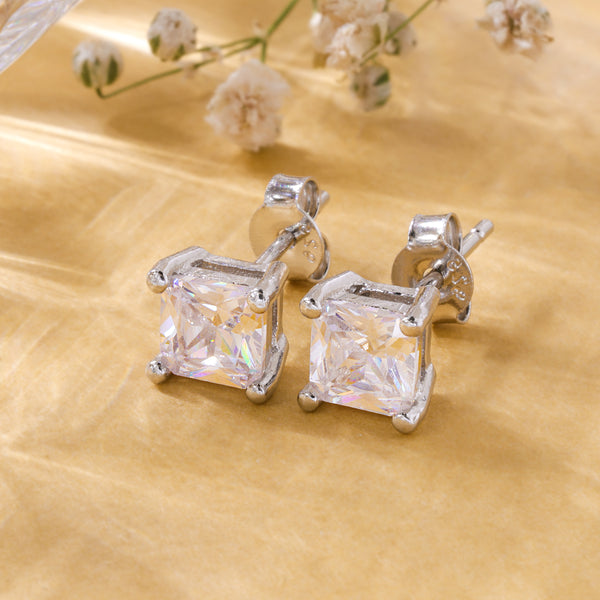 Square Solitaire Silver Unisex Earrings